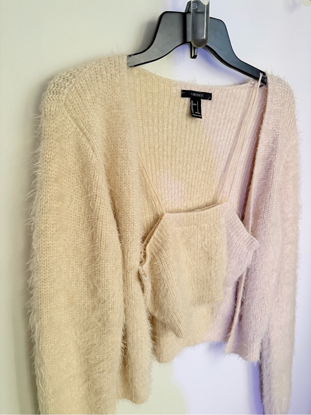 Forever 21 Soft Cream Fuzzy Cropped Cardigan and Tank Set
